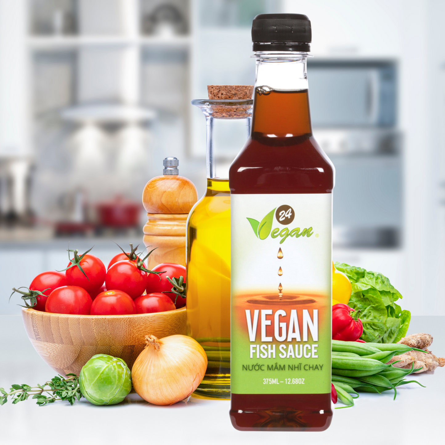 Picture of Vegan Fish Sauce in Branded Square bottle with vegetables and oils on a white counter