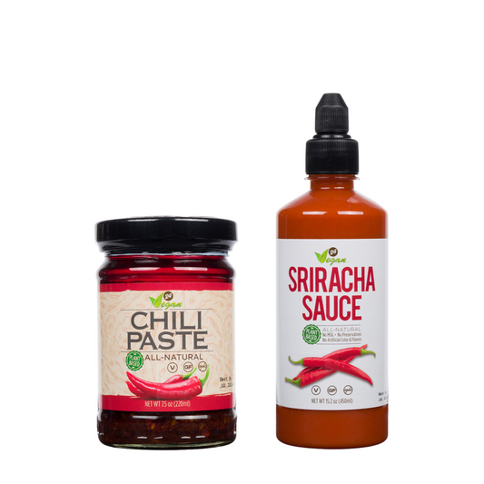 Hot and Spicy Combo Set - Vegan Sriracha Hot Sauce and Vegan Chili Paste - 15.2oz - All Natural - Vegan - MSG Free - NON GMO - 2 pack