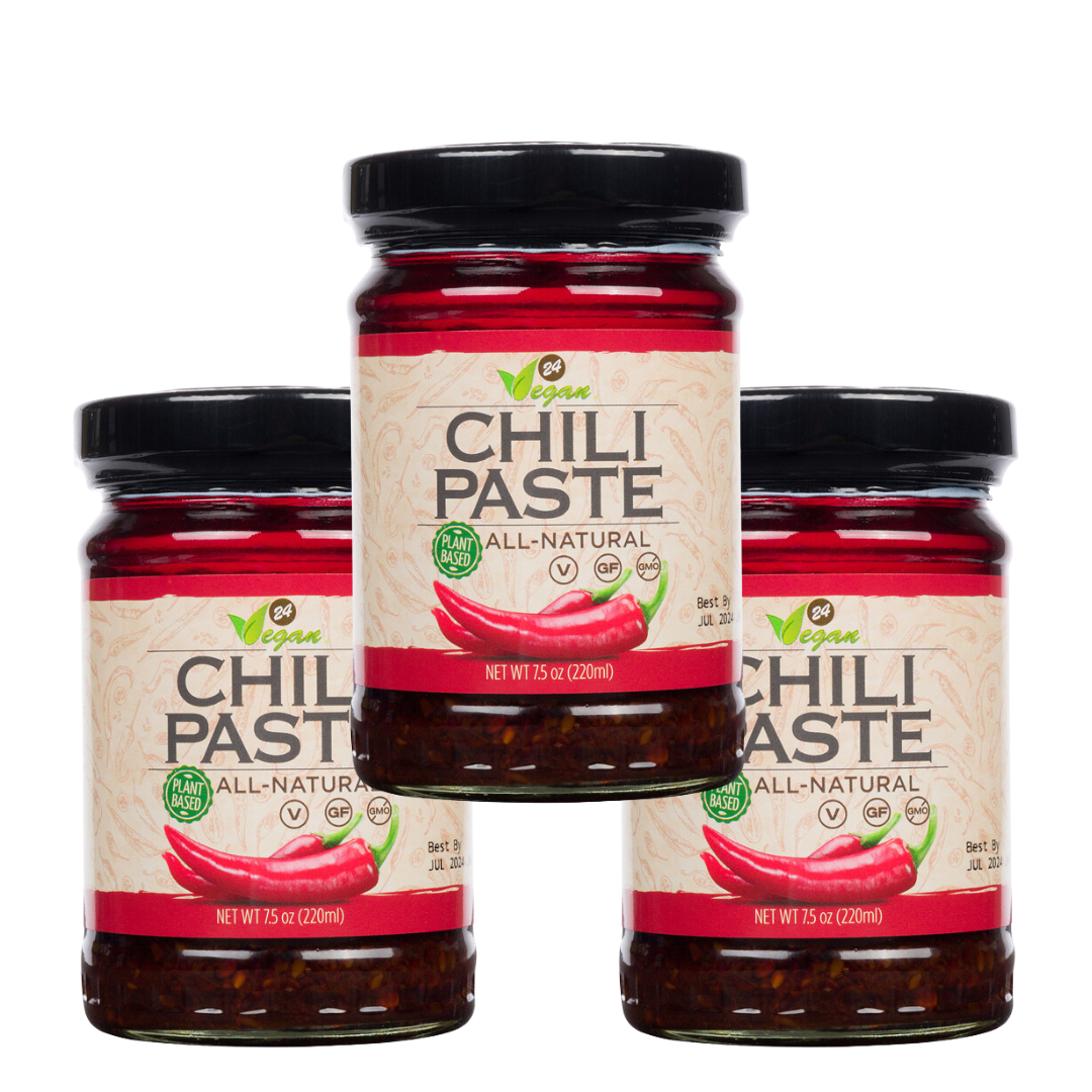 Red Chili Oil in a glass Jar with Chili Paste, red borders. 7.5oz jar